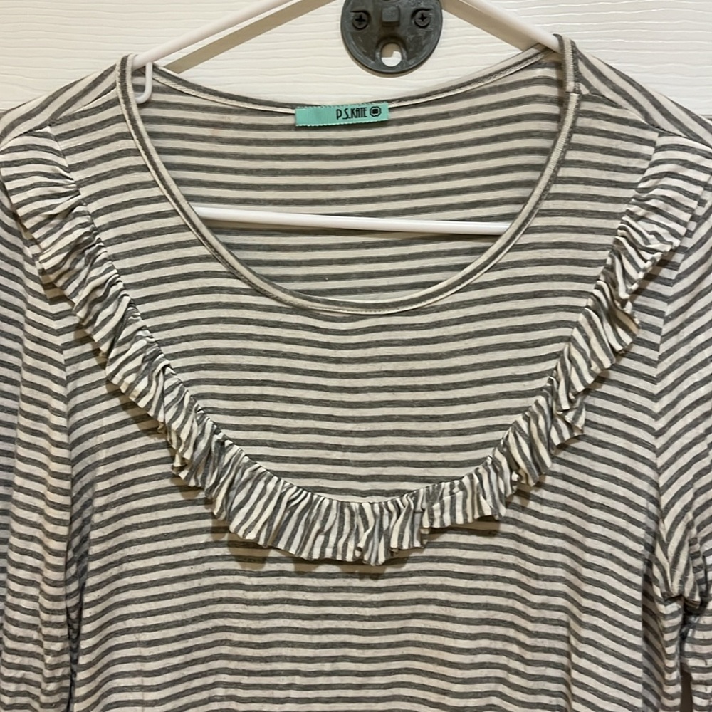 Gray Striped Ruffle Neck Tee - Picture 2 of 3